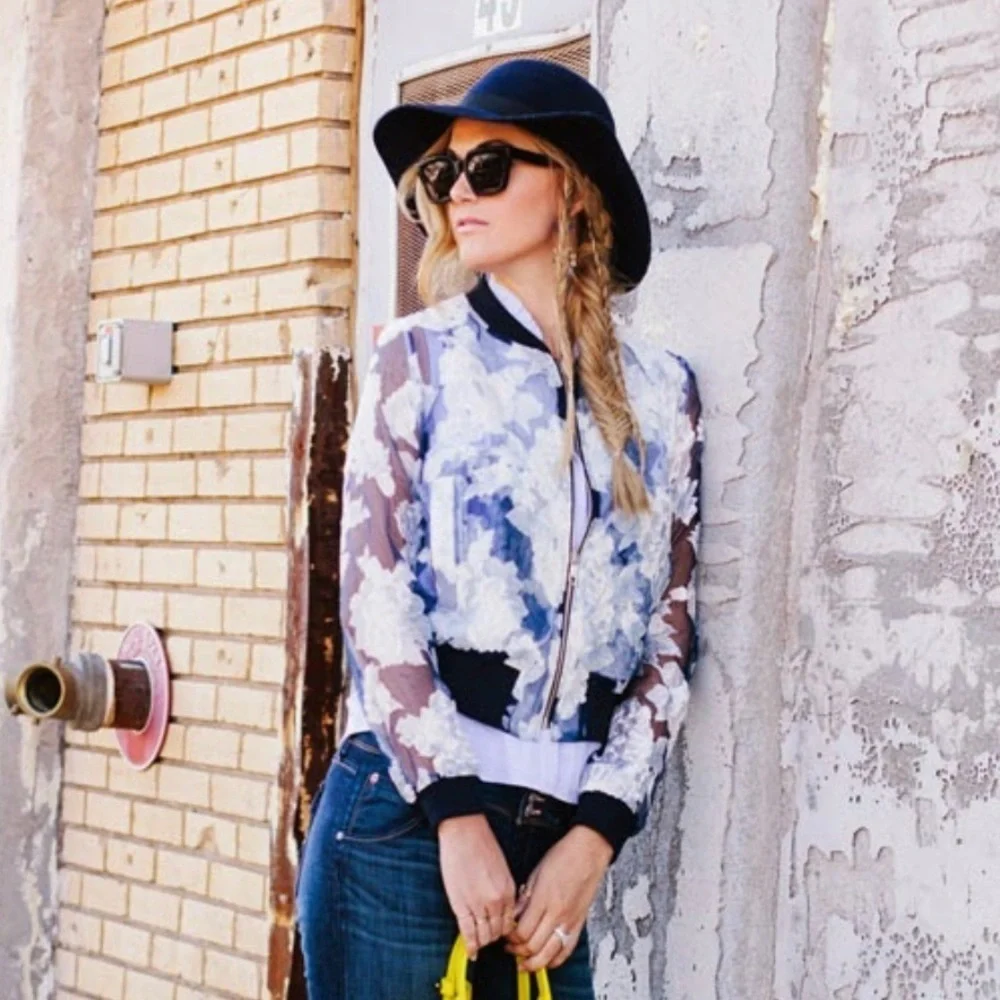 Hot & Delicious Blk Sheer Floral Bomber Small
